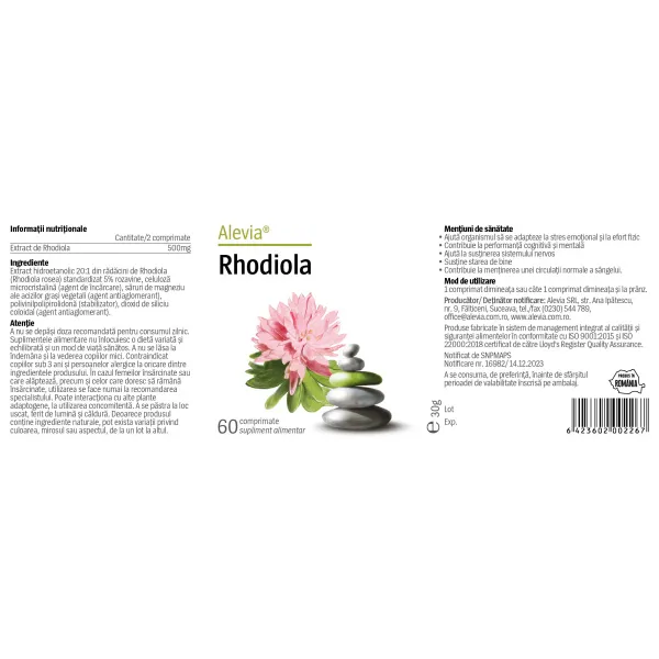 6423602002267-1 Rhodiola, 60 comprimate, Alevia