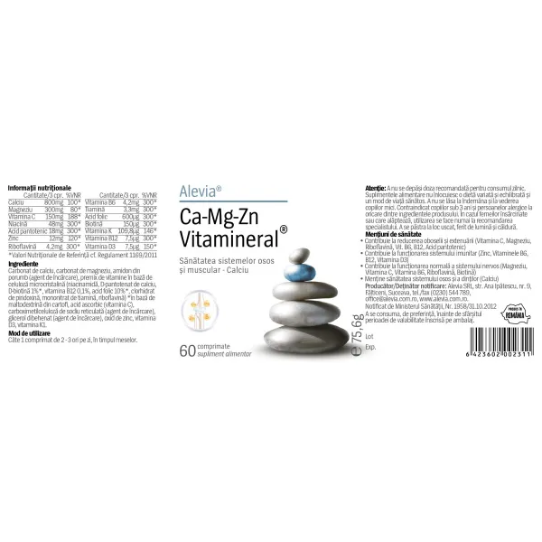 Ca-Mg-Zn Vitamineral, 60 comprimate, Alevia