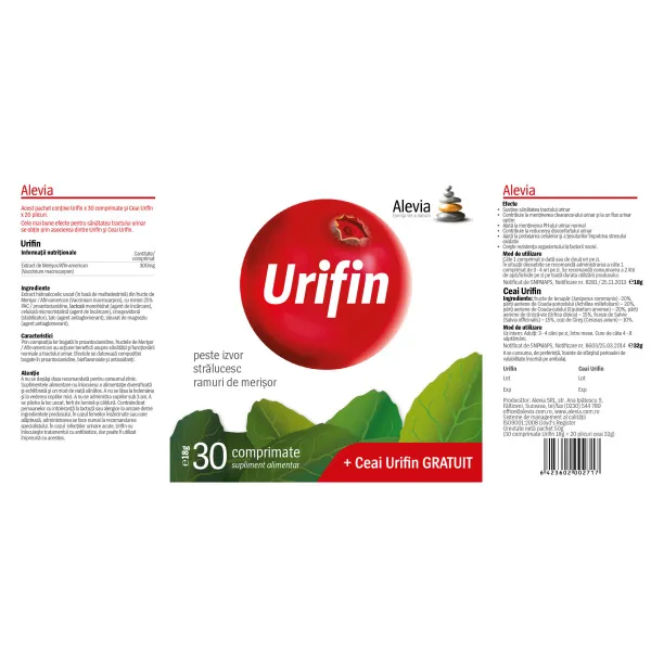 Urifin, 30 comprimate + Urifin Ceai, 20 plicuri, Alevia