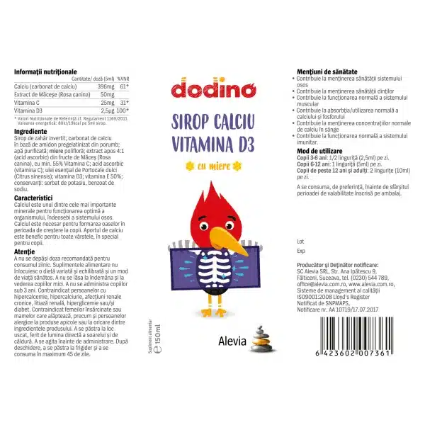 6423602007361-1 Dodino Sirop Calciu și Vitamina D3, 150 ml, Alevia