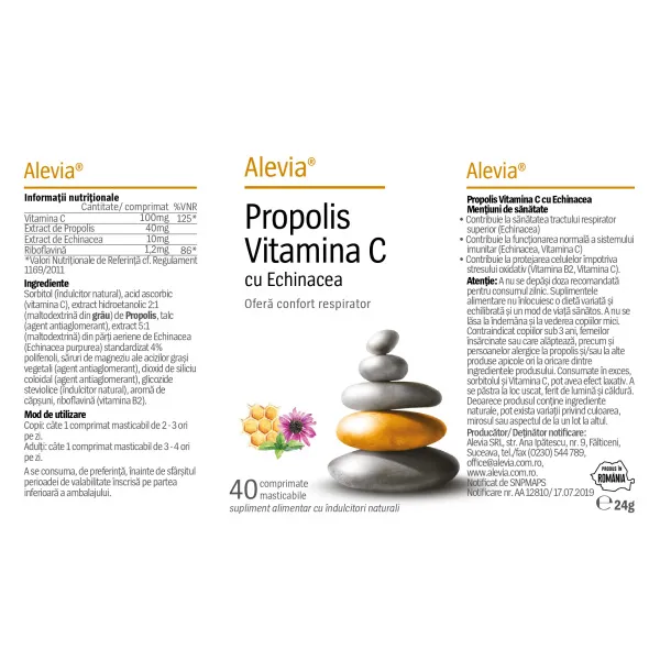Propolis Vitamina C cu Echinacea si Stevie, 40 comprimate masticabile, Alevia