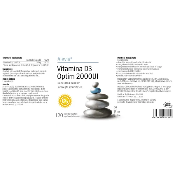 6423602017919-1 Vitamina D3 Optim 2000UI, 120 capsule, Alevia