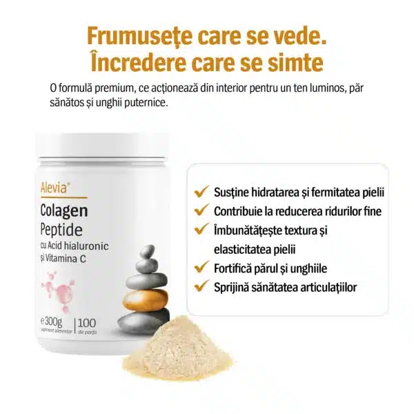 Colagen Peptide cu Acid hialuronic și Vitamina C, 300g, Alevia