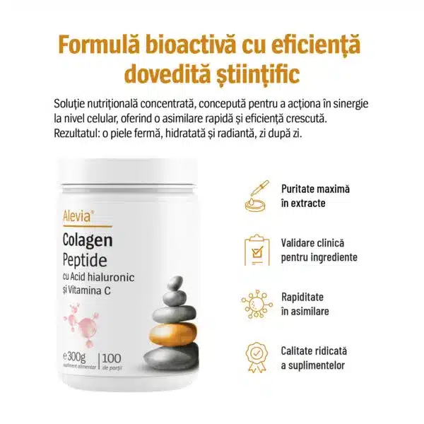 Colagen Peptide cu Acid hialuronic și Vitamina C, 300g, Alevia