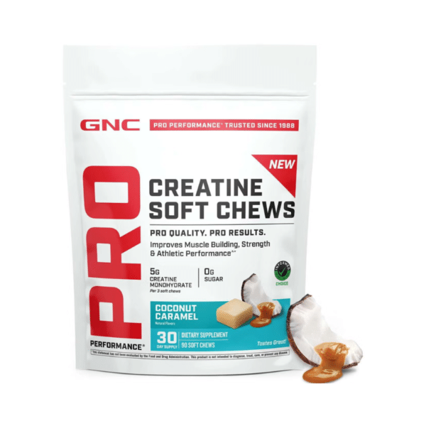 GNC Pro Performance® Creatine Monohydrate Soft Chews, Creatina Monohidrata cu aroma de cocos si caramel, 90 caramele