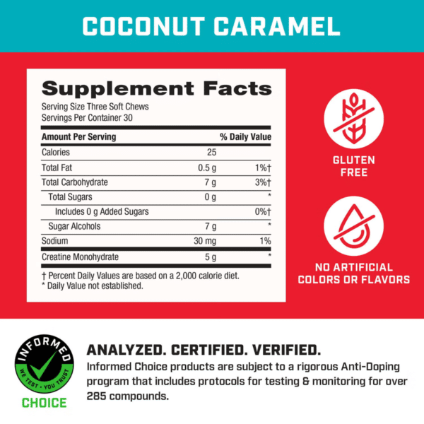 GNC Pro Performance® Creatine Monohydrate Soft Chews, Creatina Monohidrata cu aroma de cocos si caramel, 90 caramele