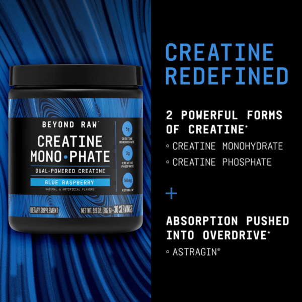 GNC Beyond Raw® Creatine Monophate, Formula inovatoare cu Creatina Monofosfat, cu aroma de zmeura albastra, 282 g