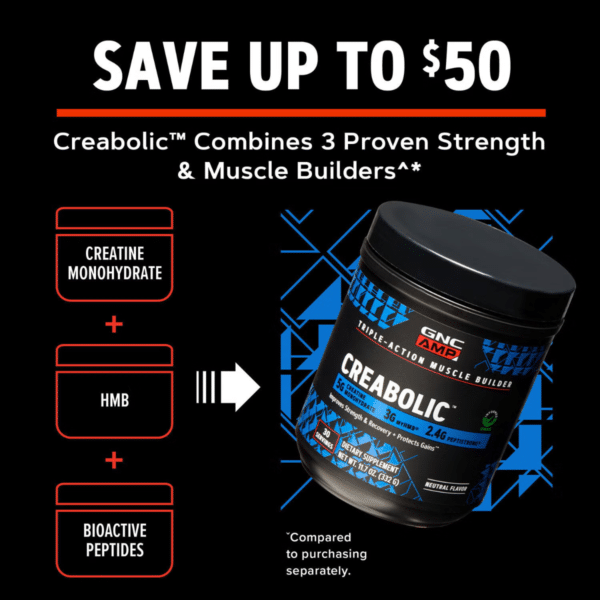 GNC AMP Creabolic™, Formula premium de creatina monohidrata, hmb, peptistrong pentru forta si masa musculara, fara aroma, 332 g