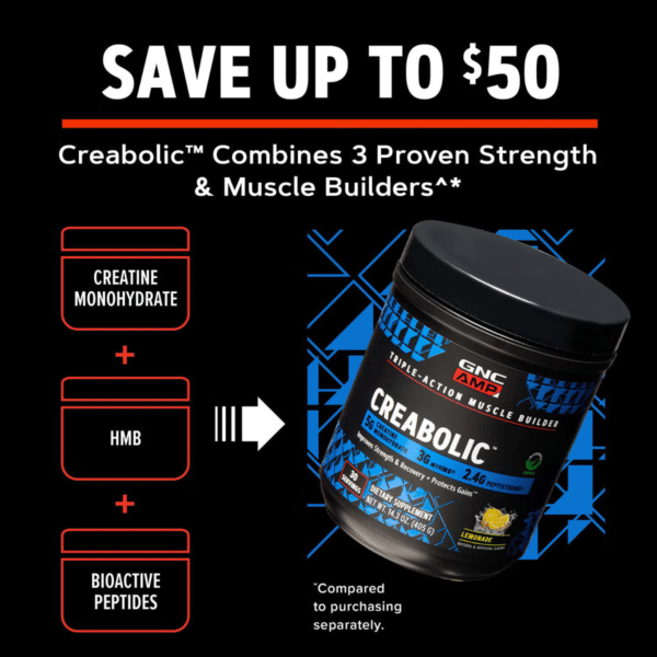 GNC AMP Creabolic™, Formula premium de creatina monohidrata, hmb, peptistrong pentru forta si masa musculara, cu aroma de limonada, 405 g GNC AMP Creabolic™, Formula premium de creatina monohidrata, hmb, peptistrong pentru forta si masa musculara, cu aroma de limonada, 405 g
