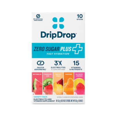DripDrop® zero sugar plus+ electrolyte drink mix, variety pack flavors, Hidratare avansata fara zahar, cu electroliti si 15 vitamine, 10 x 5.6 g DripDrop® zero sugar plus+ electrolyte drink mix, variety pack flavors, Hidratare avansata fara zahar, cu electroliti si 15 vitamine, 10 x 5.6 g