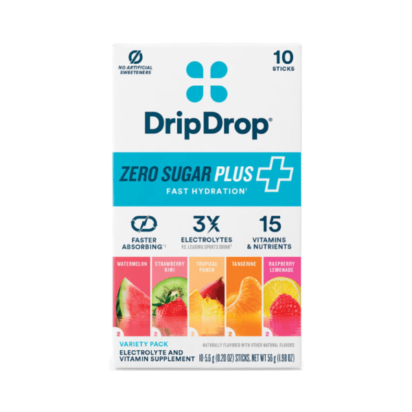 DripDrop® zero sugar plus+ electrolyte drink mix, variety pack flavors, Hidratare avansata fara zahar, cu electroliti si 15 vitamine, 10 x 5.6 g