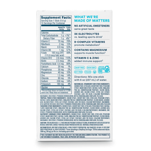 DripDrop® zero sugar plus+ electrolyte drink mix, variety pack flavors, Hidratare avansata fara zahar, cu electroliti si 15 vitamine, 10 x 5.6 g
