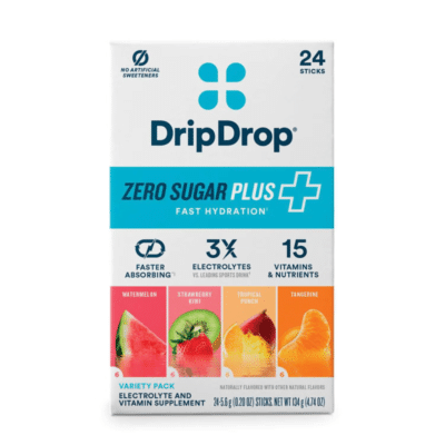 DripDrop® Zero Sugar Plus+ Electrolyte Drink Mix, variety pack, Electroliti fara zahar cu absorbtie rapida cu diferite arome, 134 g
