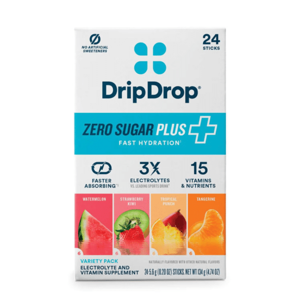 DripDrop® Zero Sugar Plus+ Electrolyte Drink Mix, variety pack, Electroliti fara zahar cu absorbtie rapida cu diferite arome, 134 g