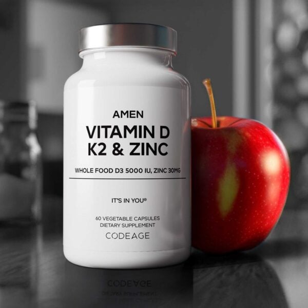 CodeAge Amen Vitamin D - K2 & Zinc - Vitamin D3, formula pentru imunitate, oase puternice si protectie cardiovasculara, 60 cps
